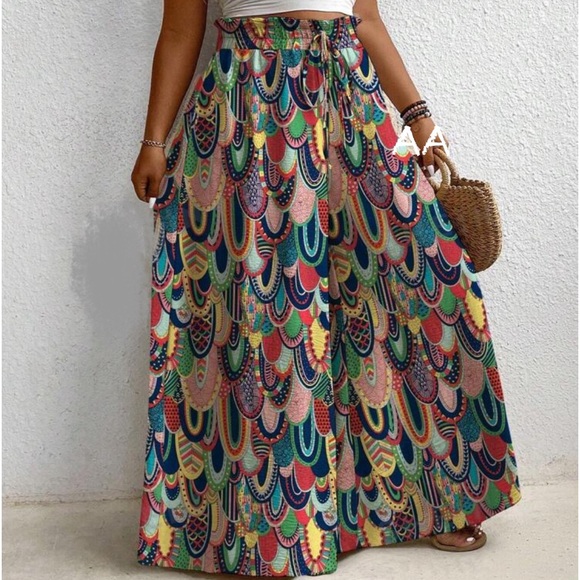 Pants - Plus Size Boho Abstract Geo Print Smocked  High Waist Wide Leg Palazzo Pants